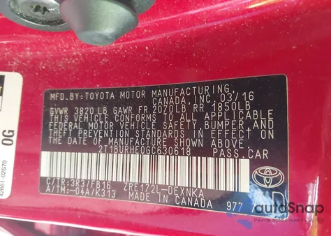 2016 Toyota Corolla Le z USA, uszkodzony, nr VIN 2T1BURHE0GC630618